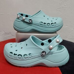 CROCS Baya Platform Sandals In Mineral Blue With Custom Pearls Size 8